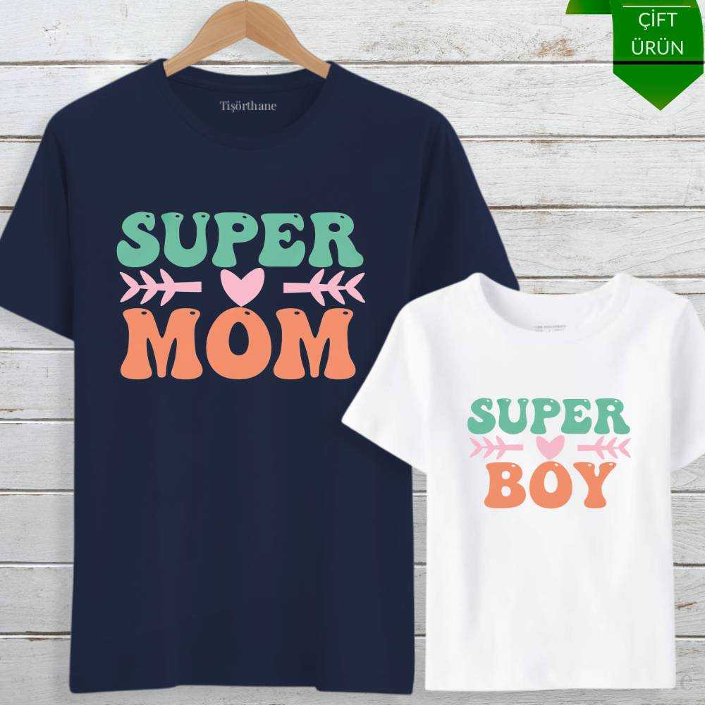 Super Mom, Super Boy Tasarımlı Anne Oğul Tişört Kombini